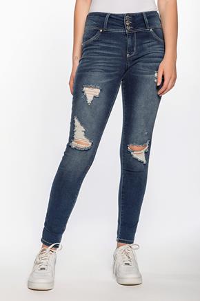 WallFlower Iris Wash Insta-Soft Sassy Skinny Distressed High-Rise Jegging with Triple Button Fly