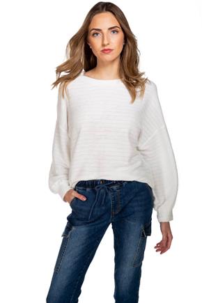 Stripe Drop-Needle Knit Sweater with Balloon Sleeves