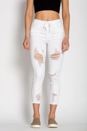 YMI White Distressed High-Rise Jogger with Frayed Hem