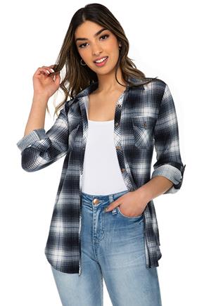 Navy Plaid Shirt with Roll-Up Sleeves