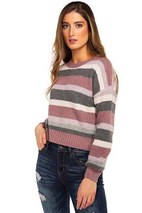 Stripe Balloon Sleeve Cropped Sweater