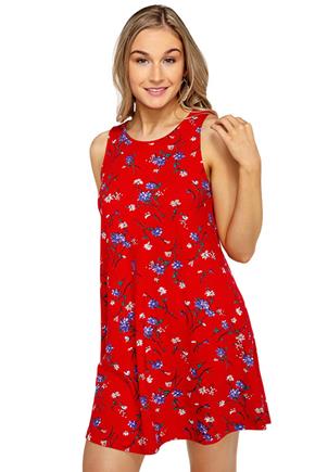 Red and Blue Ditsy Floral Swing Dress