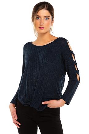 Ribbed Ladder Sleeve Sweater with Twisted Front