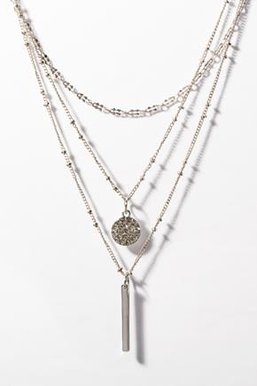 Triple Layer Necklace with Bar and Rhinestone Circle