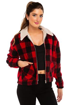 Buffalo Plaid Zip-Front Jacket with Sherpa Collar