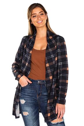 Plaid Open Cardigan with Suede Elbow Patches