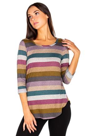 Brushed Stripe 3/4 Sleeve Sweater with Roll-Up Sleeves