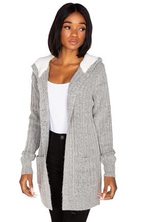 Ribbed Knit Cardigan with Sherpa-Lined Hood