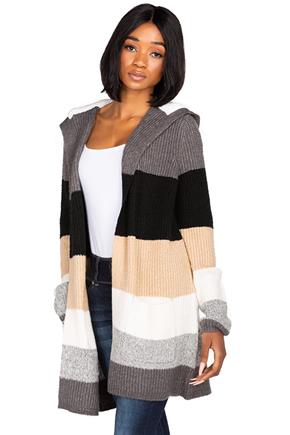 Stripe Ribbed Cardigan with Sherpa-Lined Hood