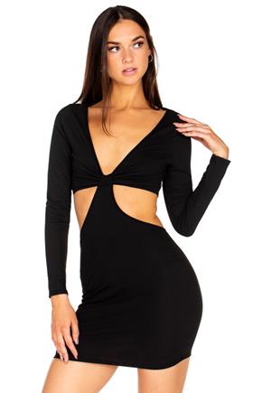 Rib Long Sleeve Bodycon Dress with Cut-Out