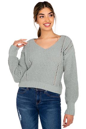 Chenille V-Neck Balloon Sleeve Cropped Sweater