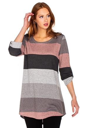 Stripe Shirttail Hem Tunic with Rolled-Up Sleeves