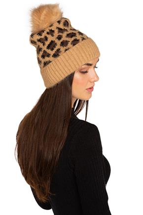 Leopard Knit Beanie with Faux Fur Pom