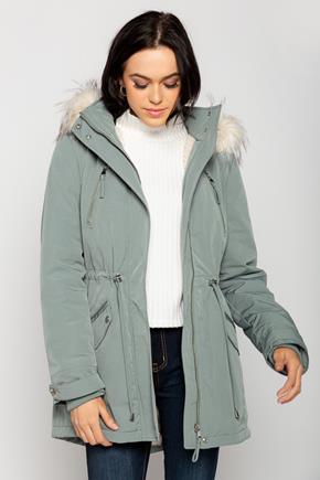 Parka with Shiny Hardware and Fur Trim Hood