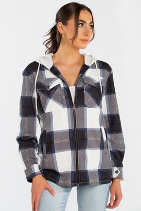 Plaid Fleece Zip-Front Hooded Shirt