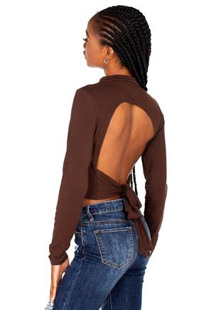 Double Layer Long Sleeve Cropped Tie-Back Mockneck