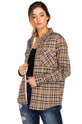 Beige Plaid Mix Cozy Knit Long Sleeve Shirt with Sherpa Lining