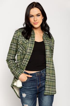 Green Plaid Mix Cozy Knit Long Sleeve Shirt with Sherpa Lining