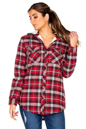 Megan Plaid Flannel Hooded Shirt with Sherpa Lining