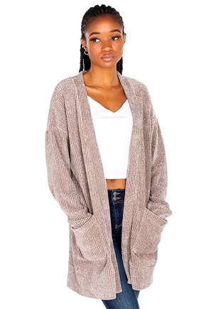 Chenille Knit Long Sleeve Cardigan with Patch Pockets