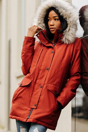Parka with Flap Pockets and Fur Trim Hood