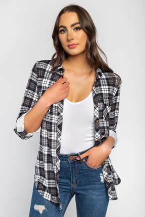 Plaid Cozy Knit Long Sleeve Shirt with Roll-Up Sleeves
