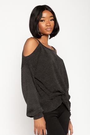 Rib Cold-Shoulder Balloon Sleeve Sweater with Knotted Hem