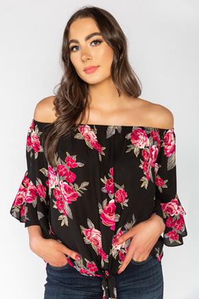 Floral Off-Shoulder Blouse with Bell Sleeves and Tie-Front