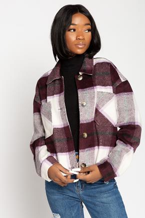 Violet Grey Plaid Cropped Shacket with Large Front Pockets