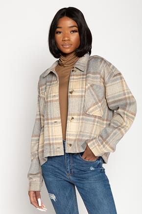 Sandcastle Plaid Cropped Shacket with Large Front Pockets