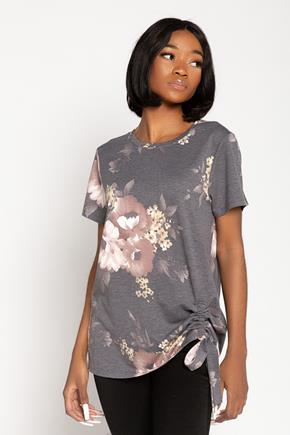 Floral Short Sleeve Tee with Ruching and Tie