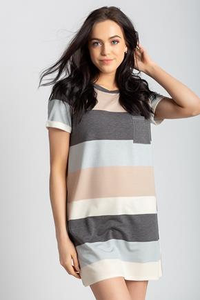 Wide Stripe Short Sleeve Dress with Pocket