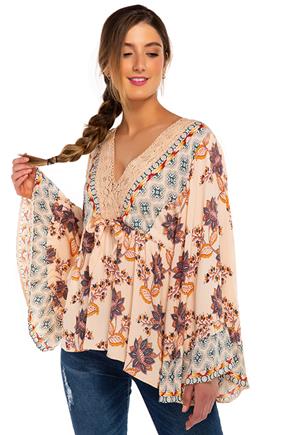 Floral Boho Top with Crochet Trim and Bell Sleeves