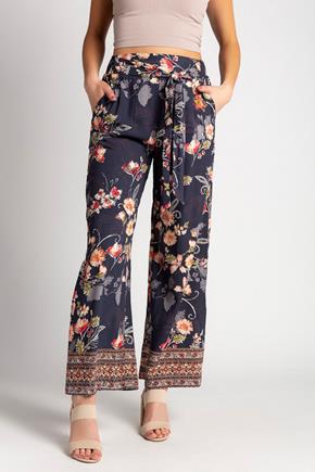 Floral Border Print Palazzo Pants with Tie-Belt