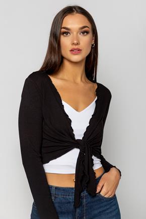 Rib Long Sleeve Tie-Front Top with Lettuce Edge
