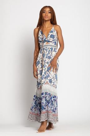Border Print Spaghetti Strap Knotted Maxi Dress with Cut-out