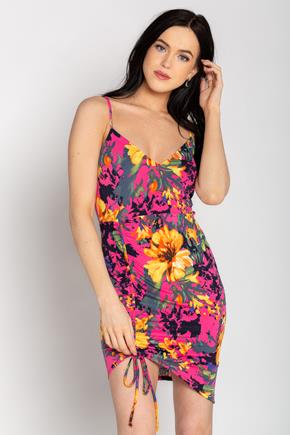 Bright Floral Spaghetti Strap Bodycon Dress with Ruching