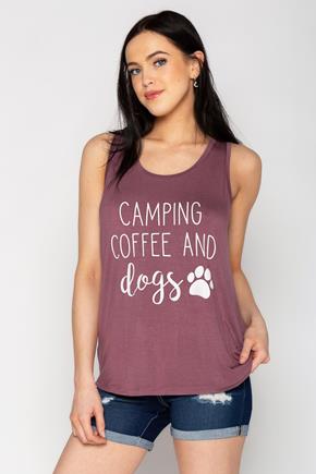 "Camping Coffee and Dogs" Sleeveless Tank with Shirttail Hem