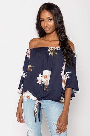 Large Floral Off-the-Shoulder Blouse with Bell Sleeves