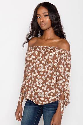 Ditsy Off-The-Shoulder Blouse with Tie Sleeves