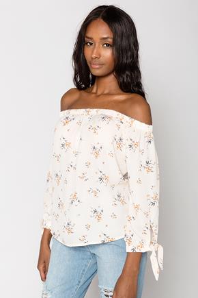 Light Ditsy Off-The Shoulder Blouse with Tie Sleeves