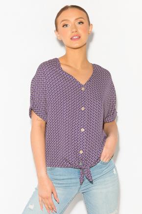 Ditsy Geo Tie-Front Blouse with Buttons