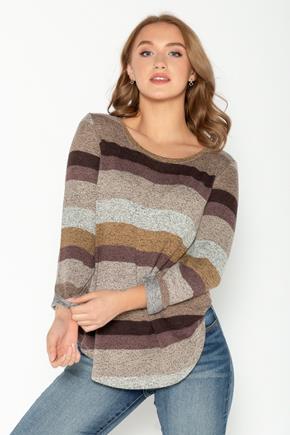 Stripe Supersoft Sweater with 3/4 Sleeves and Shirttail Hem