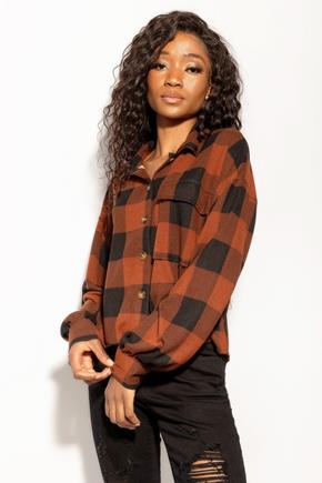 Buffalo Plaid Knit Cropped Shirt with Balloon Sleeves