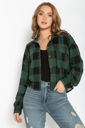 Buffalo Plaid Knit  Cropped Shirt with Balloon Sleeves