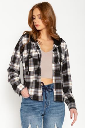 Plaid Cozy Knit Cropped Shirt with Hood