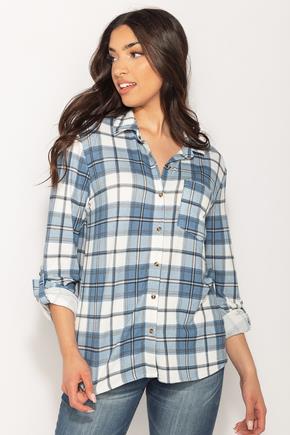 Blue Plaid One Pocket Shirt with Roll-Up Sleeves