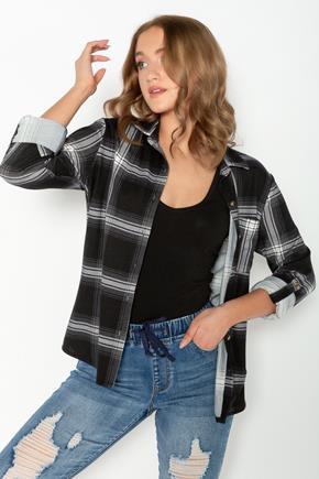 Black Plaid One Pocket Shirt with Roll-Up Sleeves