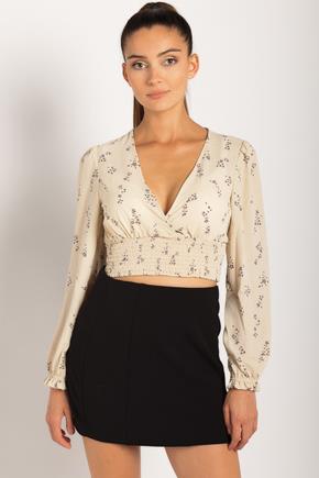 Ditsy Floral Cropped Crossover Blouse with Balloon Sleeves