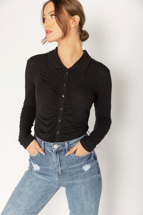 Rib Long Sleeve Button-Front Bodysuit with Collar